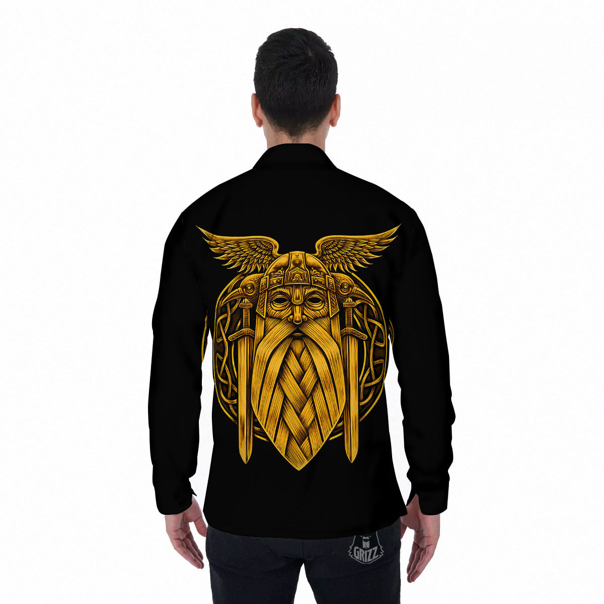 Odin God And Crow Gold Viking Print Men's Long Sleeve Shirts-grizzshop