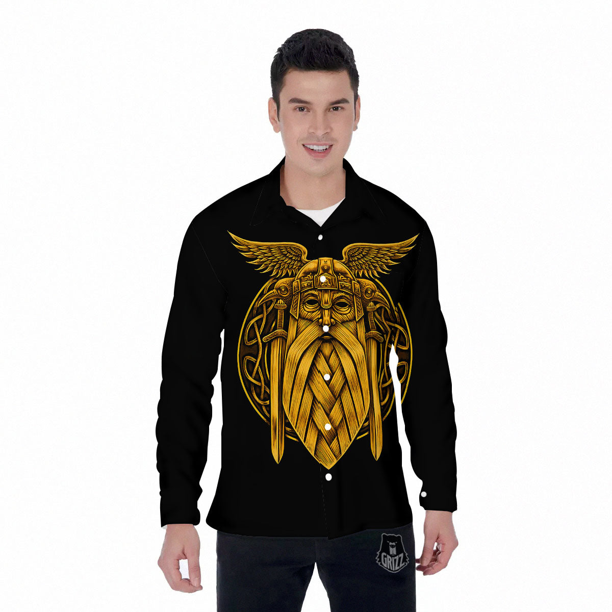 Odin God And Crow Gold Viking Print Men's Long Sleeve Shirts-grizzshop