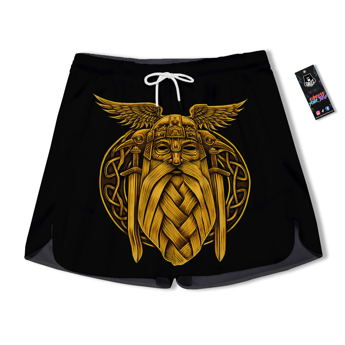 Odin God And Crow Gold Viking Print Men's Running Shorts-grizzshop