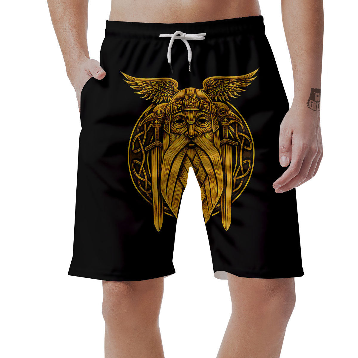Odin God And Crow Gold Viking Print Men's Shorts-grizzshop
