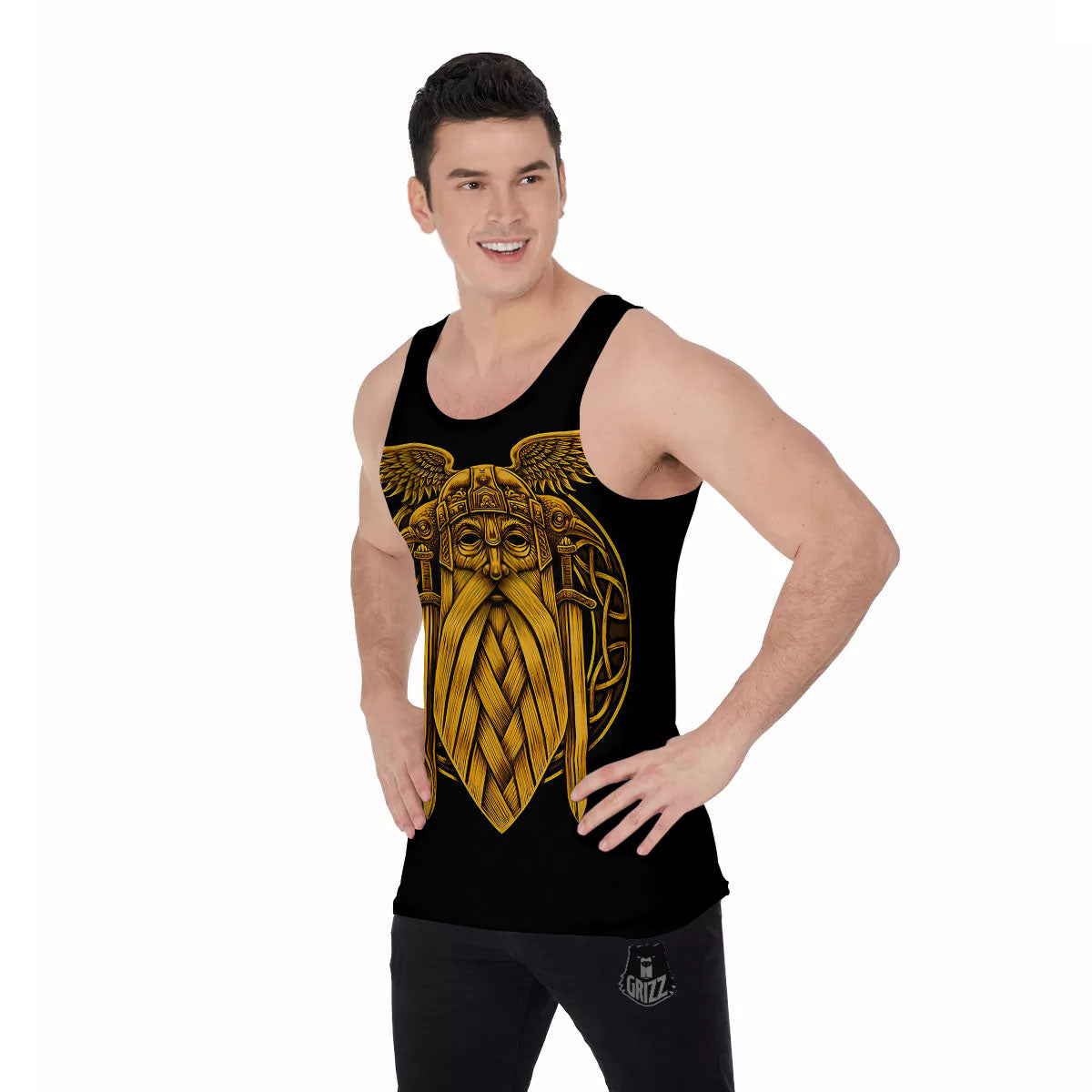 Odin God And Crow Gold Viking Print Men's Tank Top-grizzshop
