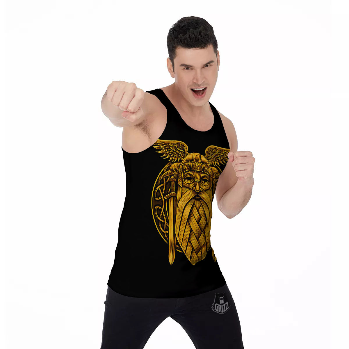 Odin God And Crow Gold Viking Print Men's Tank Top-grizzshop
