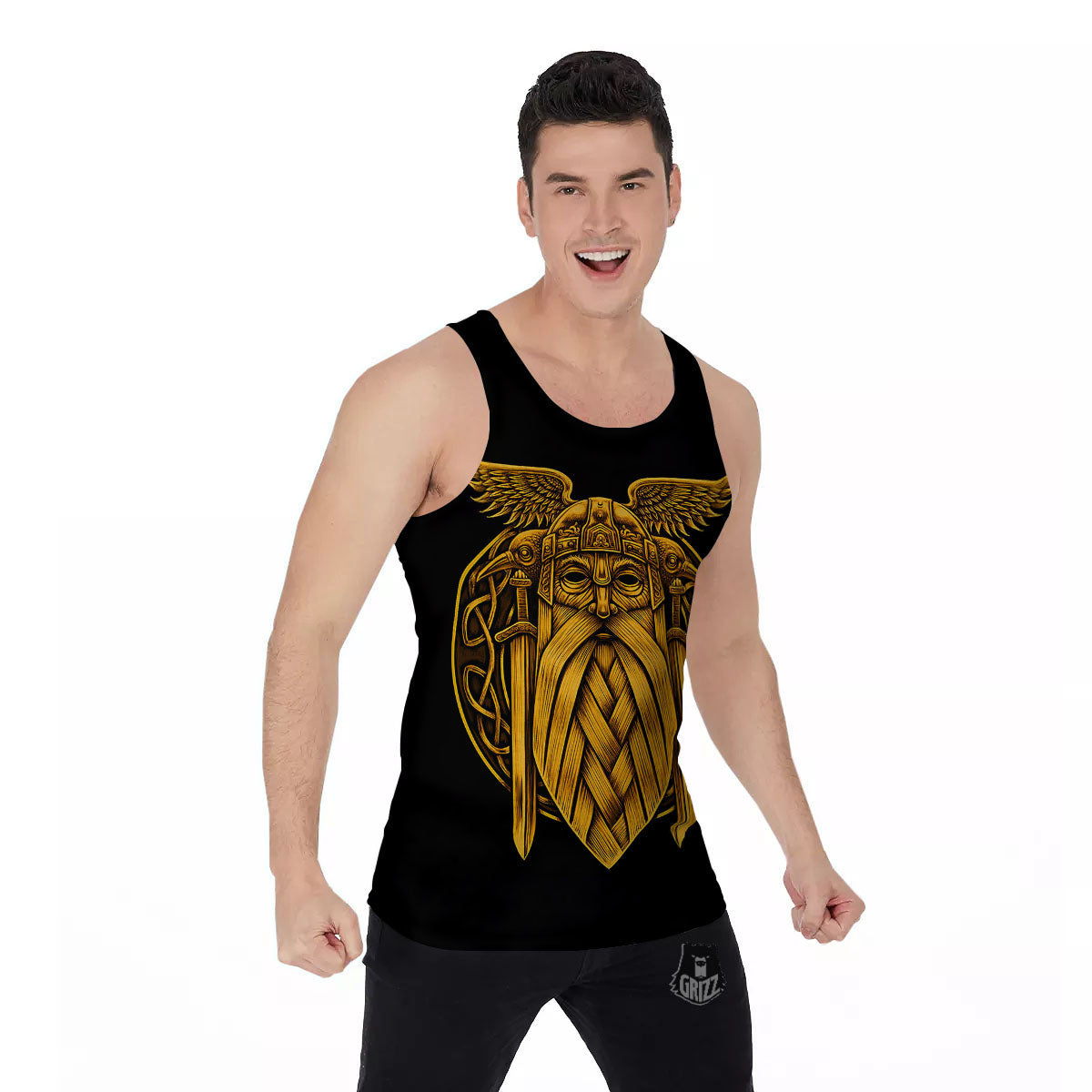Odin God And Crow Gold Viking Print Men's Tank Top-grizzshop