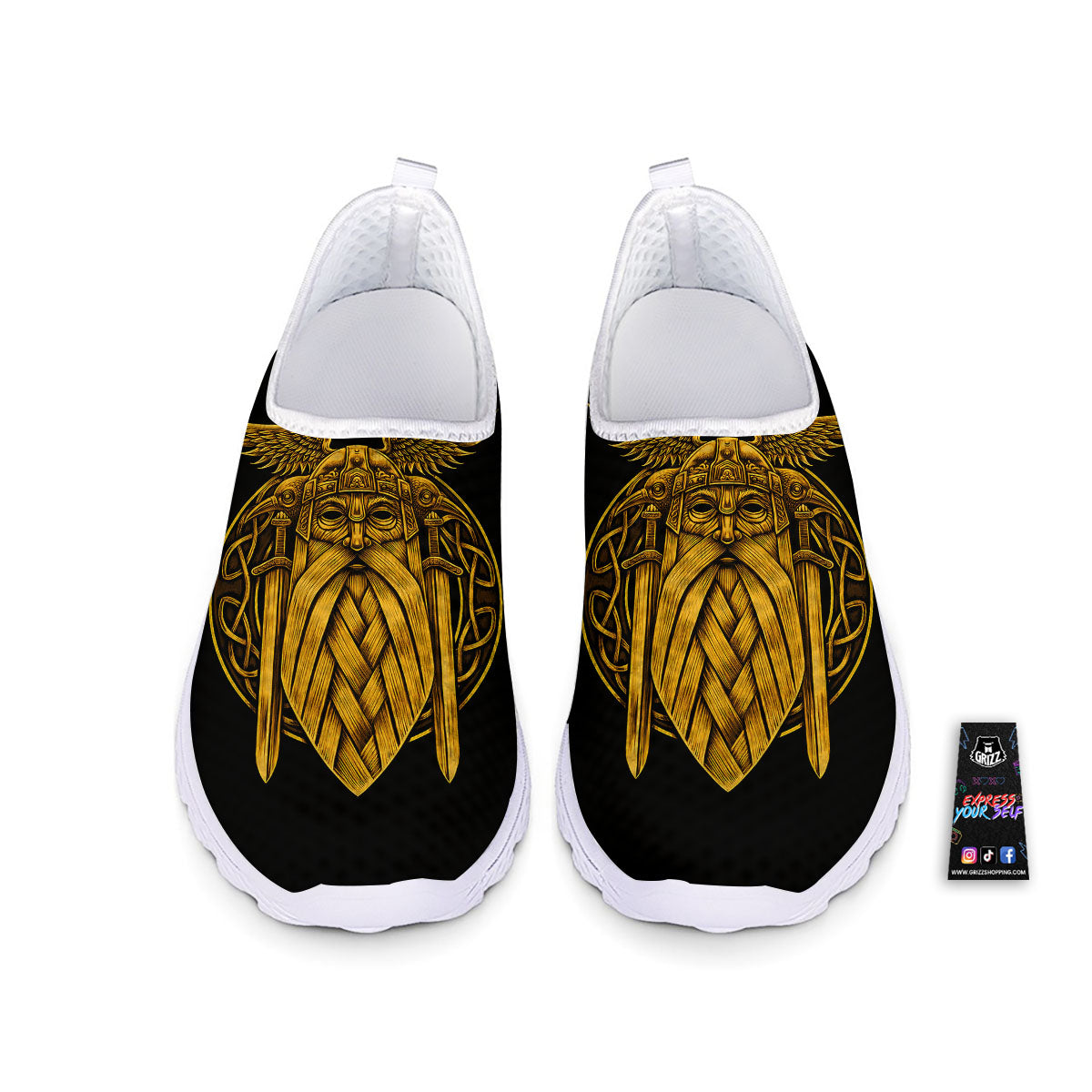 Odin God And Crow Gold Viking Print Nurse Shoes-grizzshop
