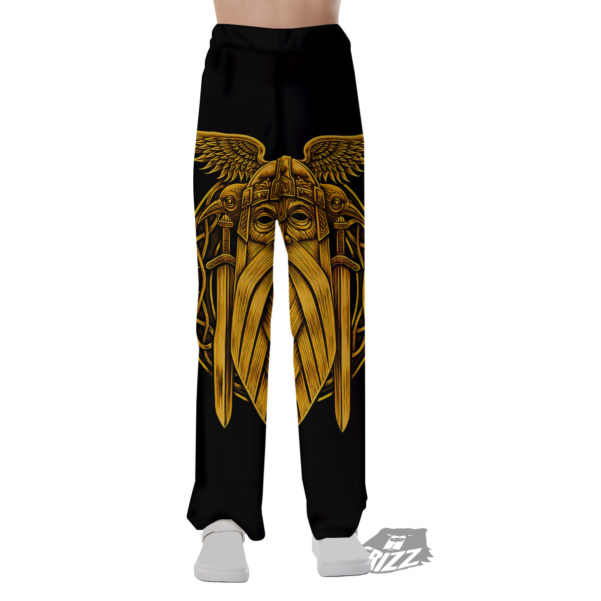 Odin God And Crow Gold Viking Print Pajama Pants-grizzshop