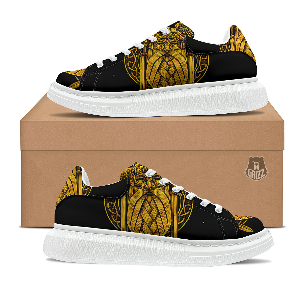 Odin God And Crow Gold Viking Print Platform Shoes-grizzshop