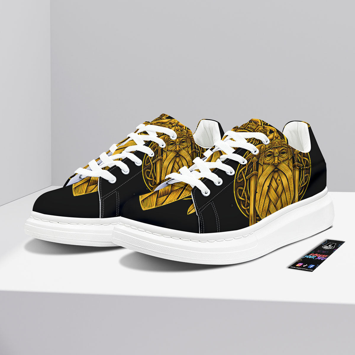 Odin God And Crow Gold Viking Print Platform Shoes-grizzshop