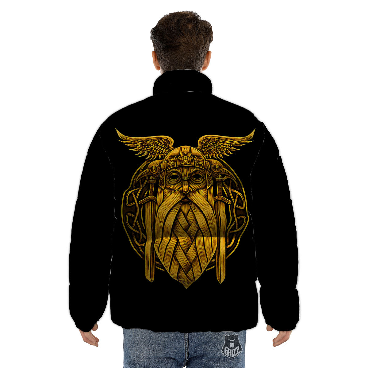 Odin God And Crow Gold Viking Print Puffer Jacket-grizzshop