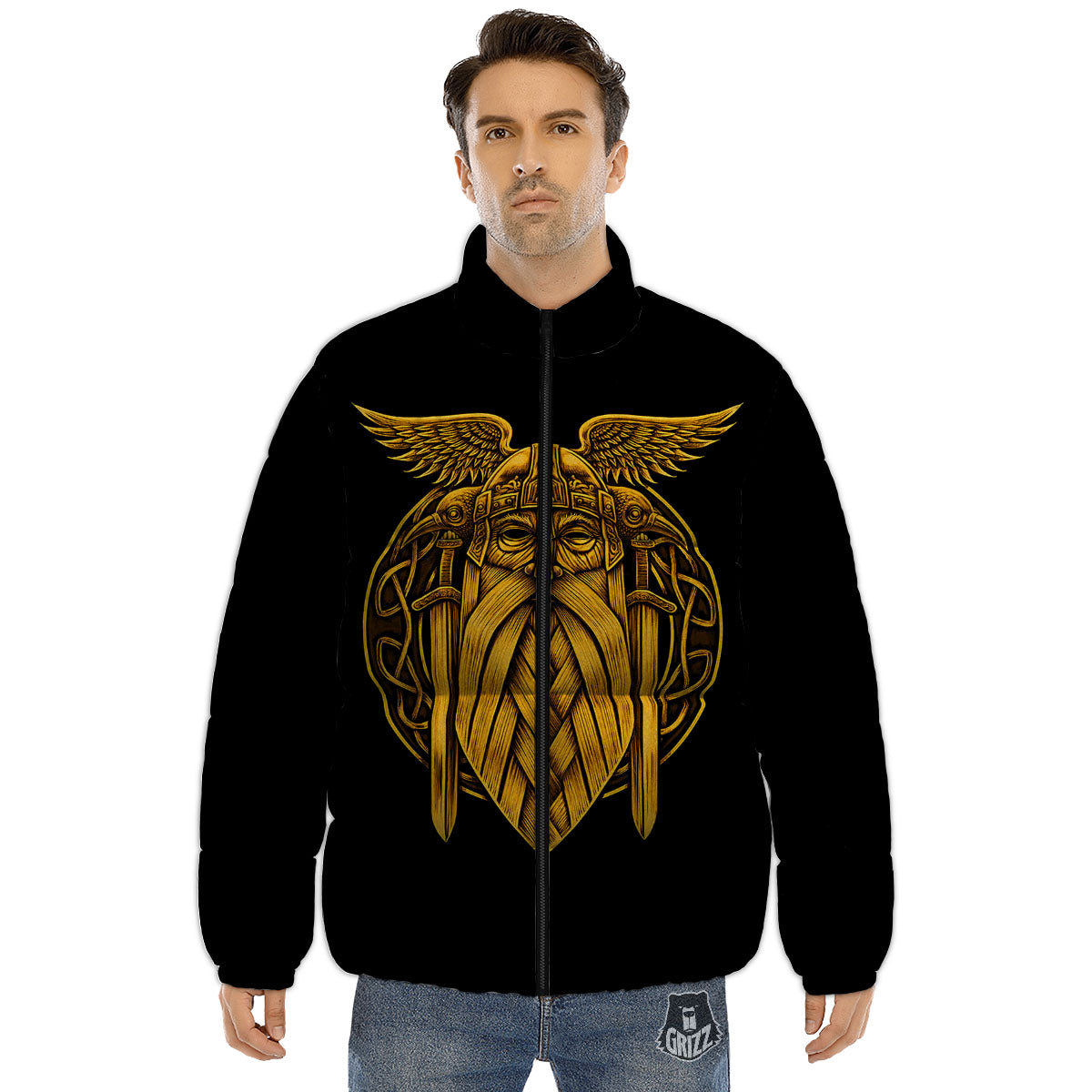 Odin God And Crow Gold Viking Print Puffer Jacket-grizzshop