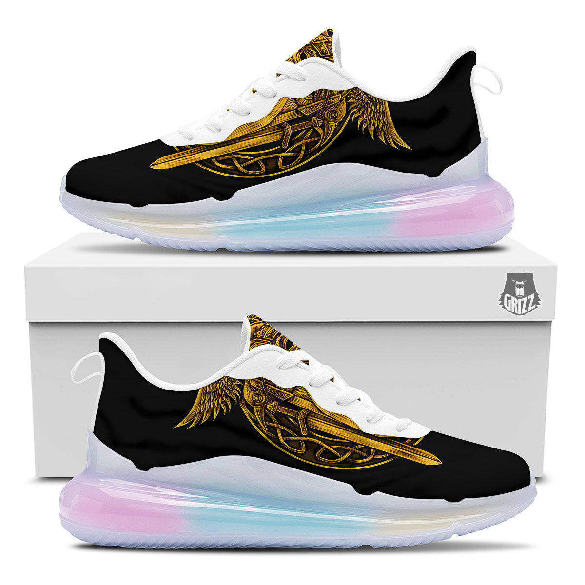 Odin God And Crow Gold Viking Print Running Sneakers-grizzshop