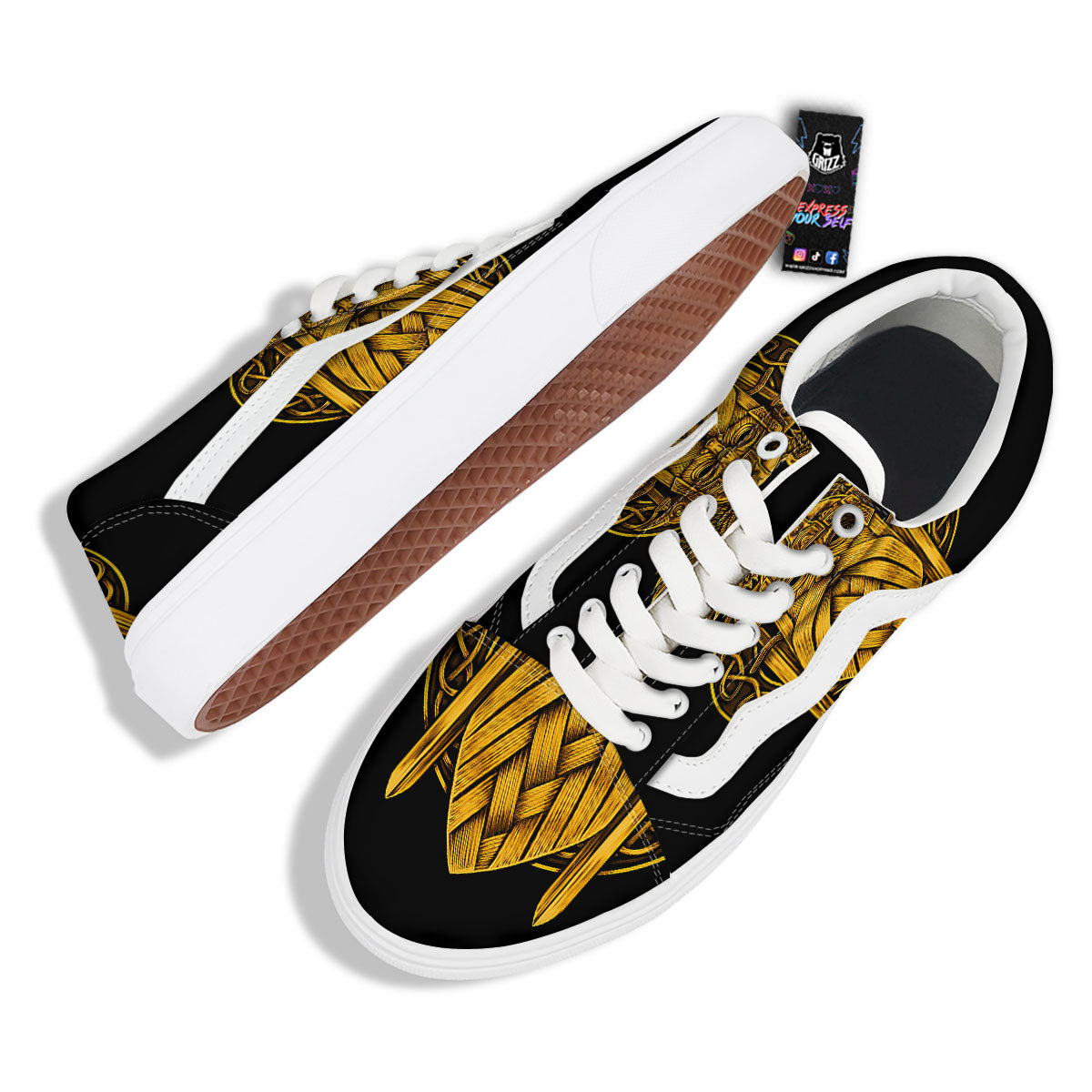 Odin God And Crow Gold Viking Print Skate Shoes-grizzshop