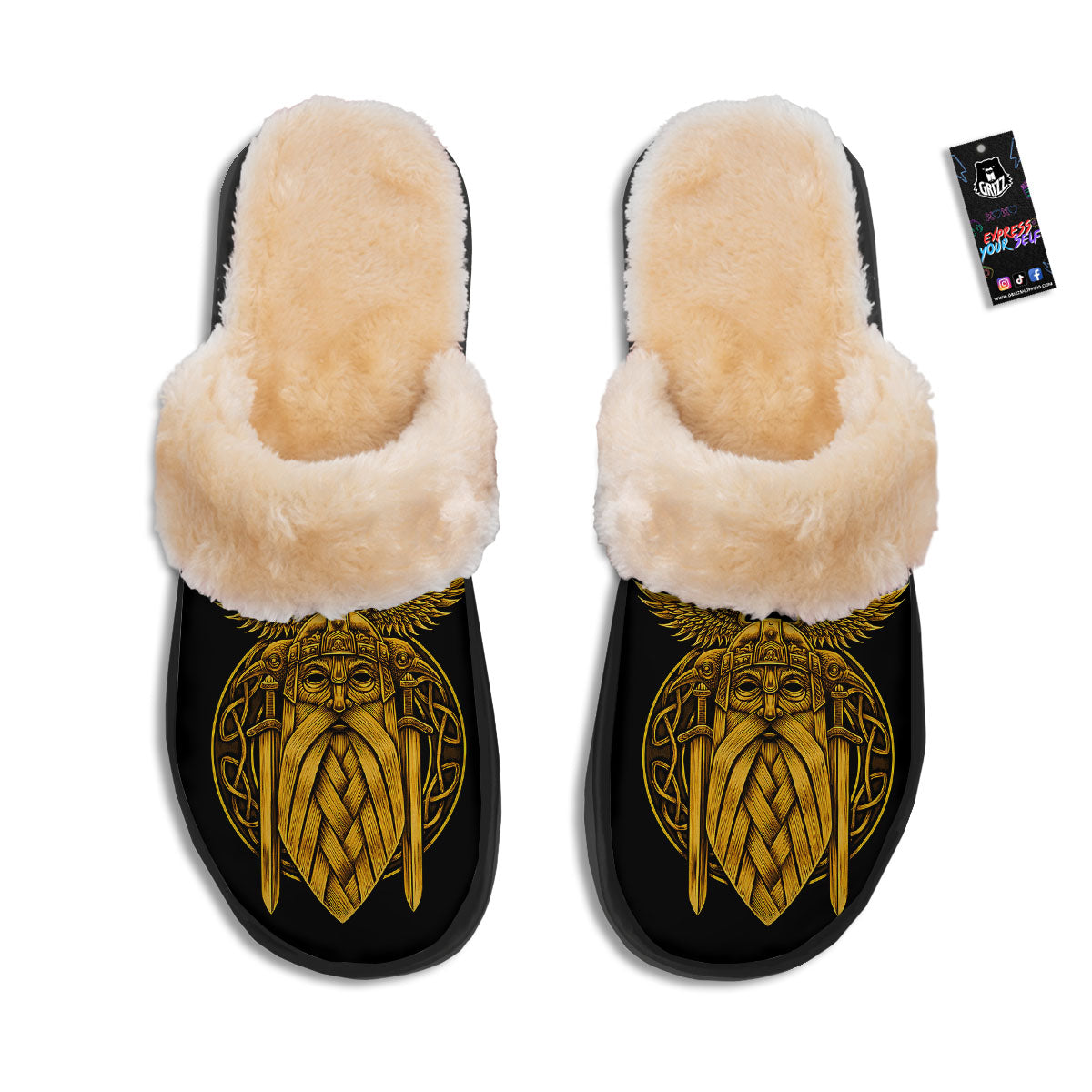 Odin God And Crow Gold Viking Print Slippers-grizzshop