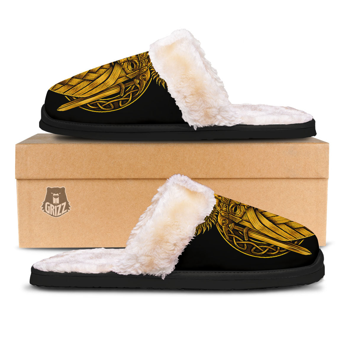 Odin God And Crow Gold Viking Print Slippers-grizzshop