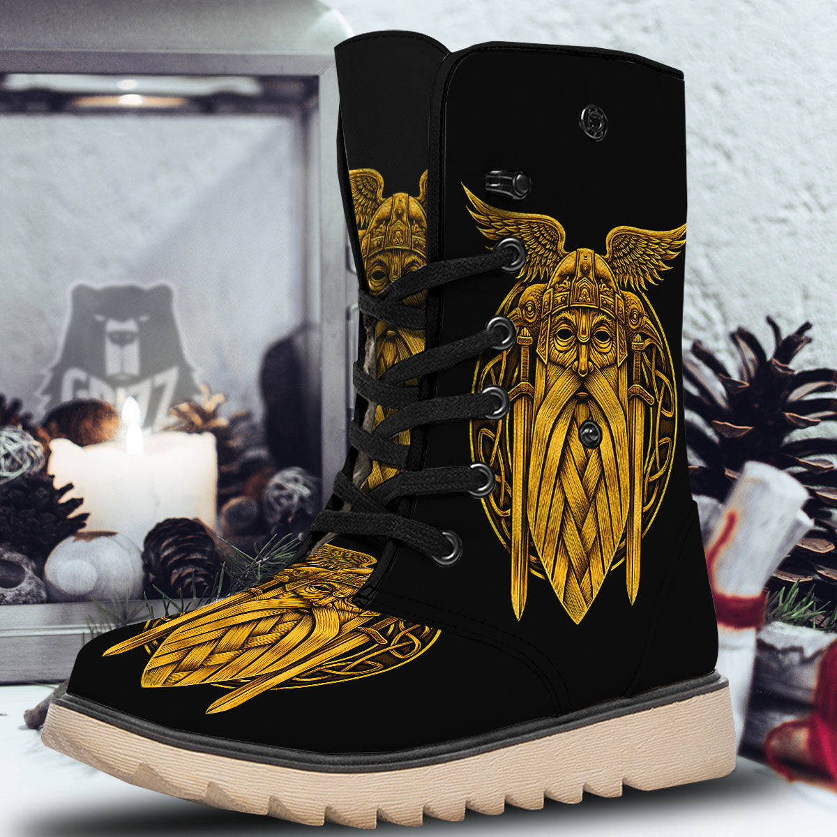 Odin God And Crow Gold Viking Print Snow Boots-grizzshop