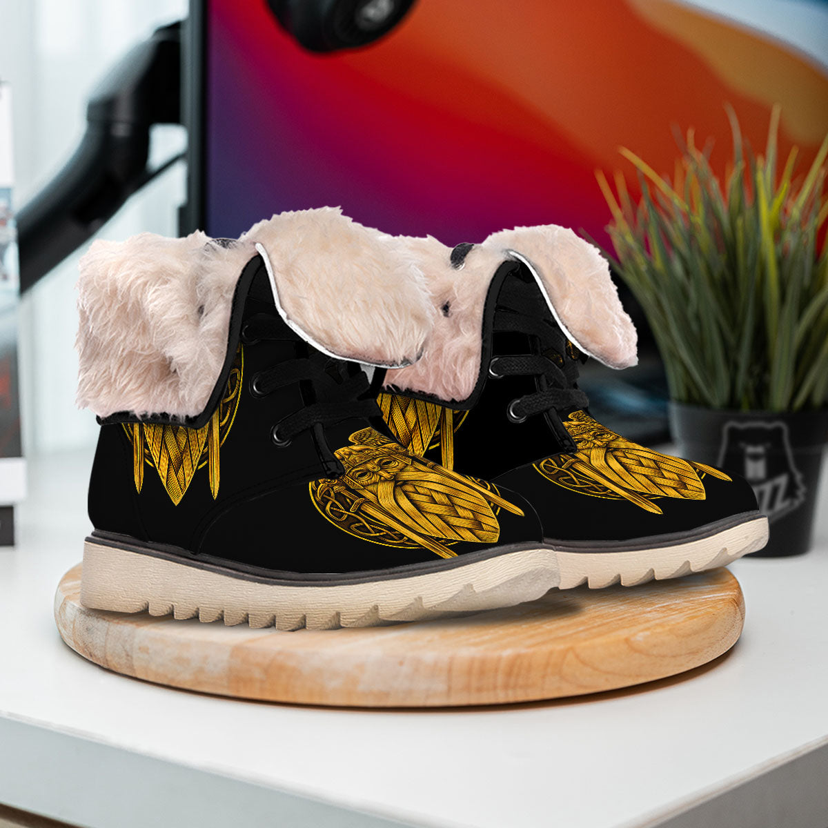 Odin God And Crow Gold Viking Print Snow Boots-grizzshop