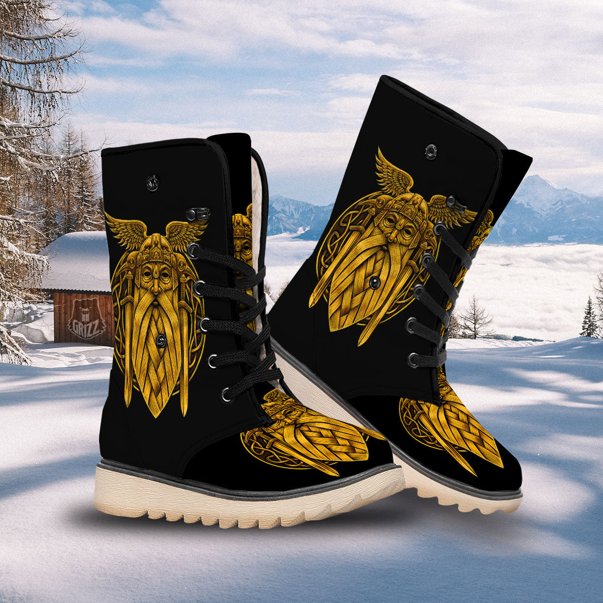 Odin God And Crow Gold Viking Print Snow Boots-grizzshop