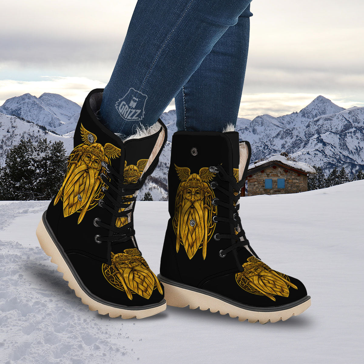 Odin God And Crow Gold Viking Print Snow Boots-grizzshop
