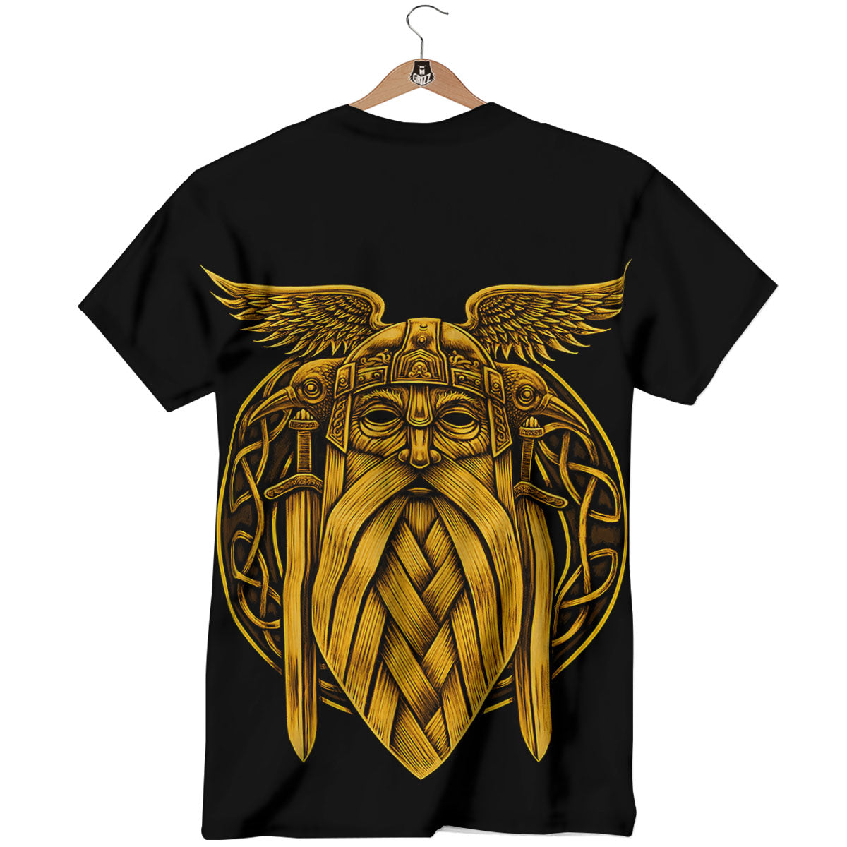 Odin God And Crow Gold Viking Print T-Shirt-grizzshop
