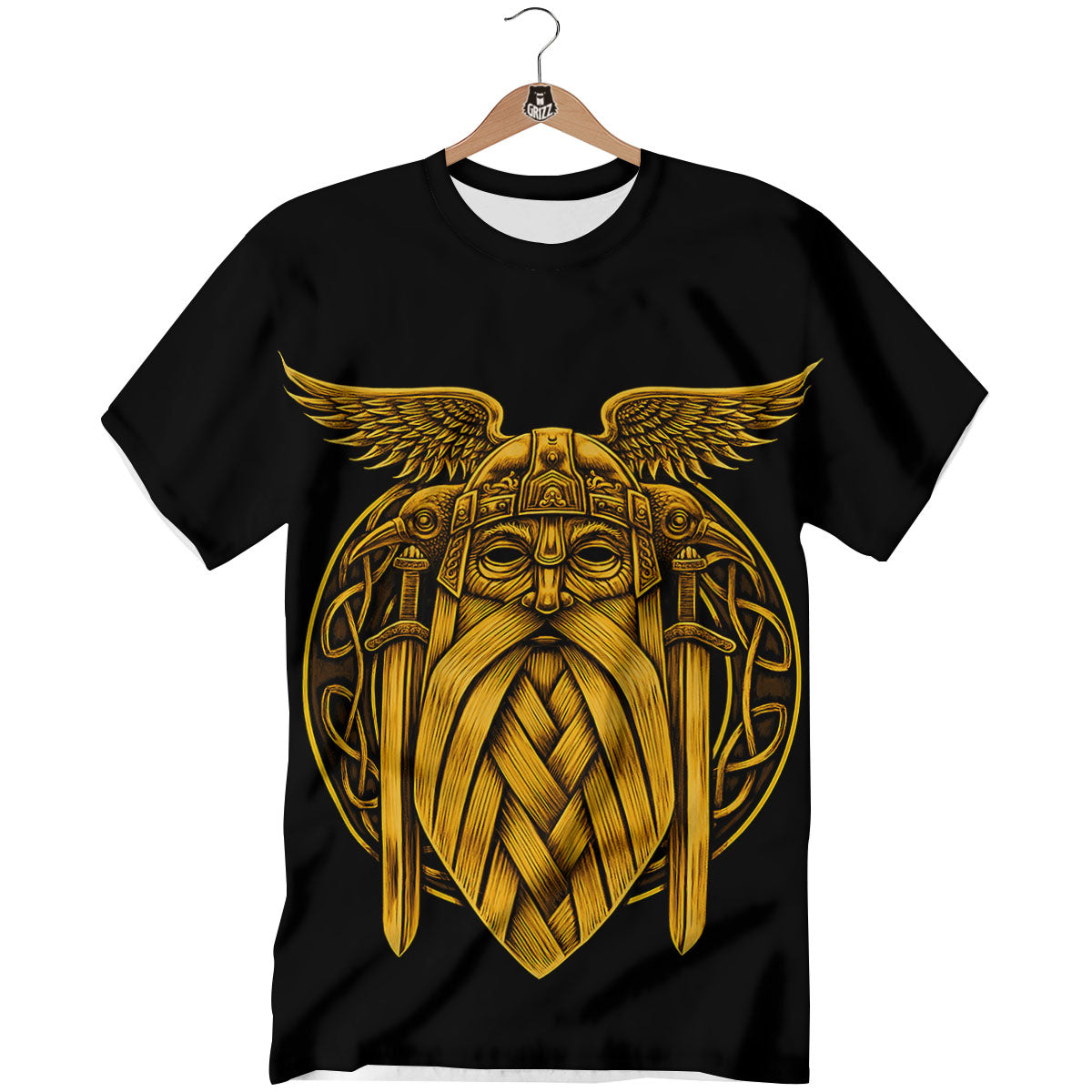 Odin God And Crow Gold Viking Print T-Shirt-grizzshop