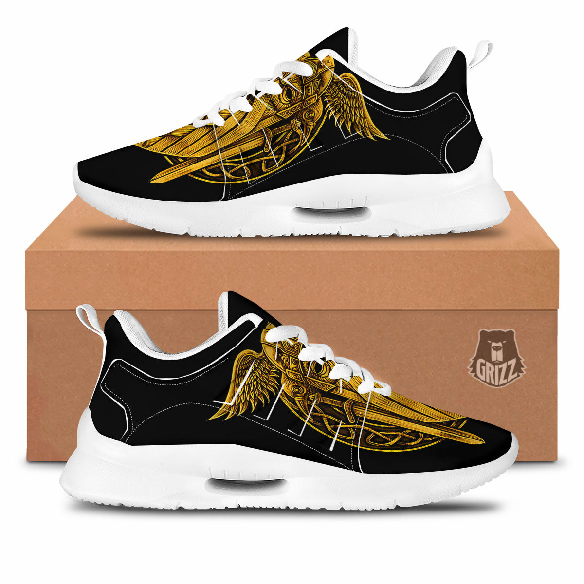 Odin God And Crow Gold Viking Print Tennis Shoes-grizzshop