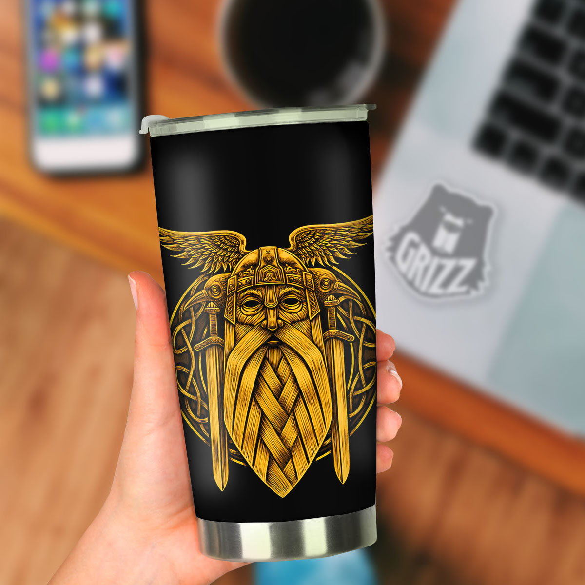 Odin God And Crow Gold Viking Print Tumbler-grizzshop