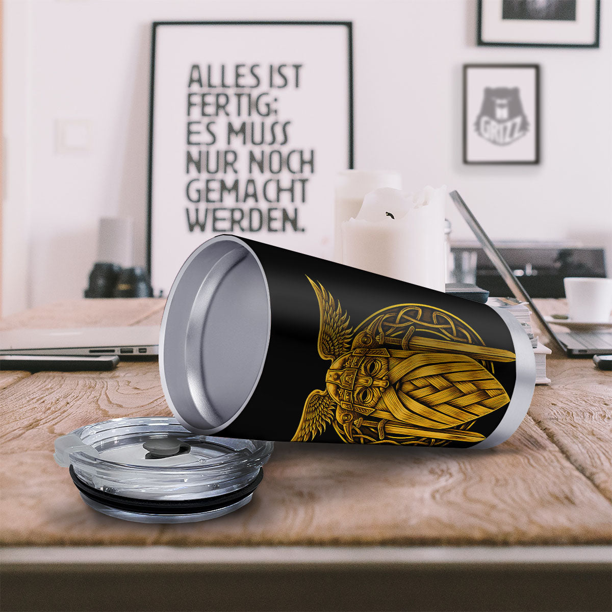 Odin God And Crow Gold Viking Print Tumbler-grizzshop