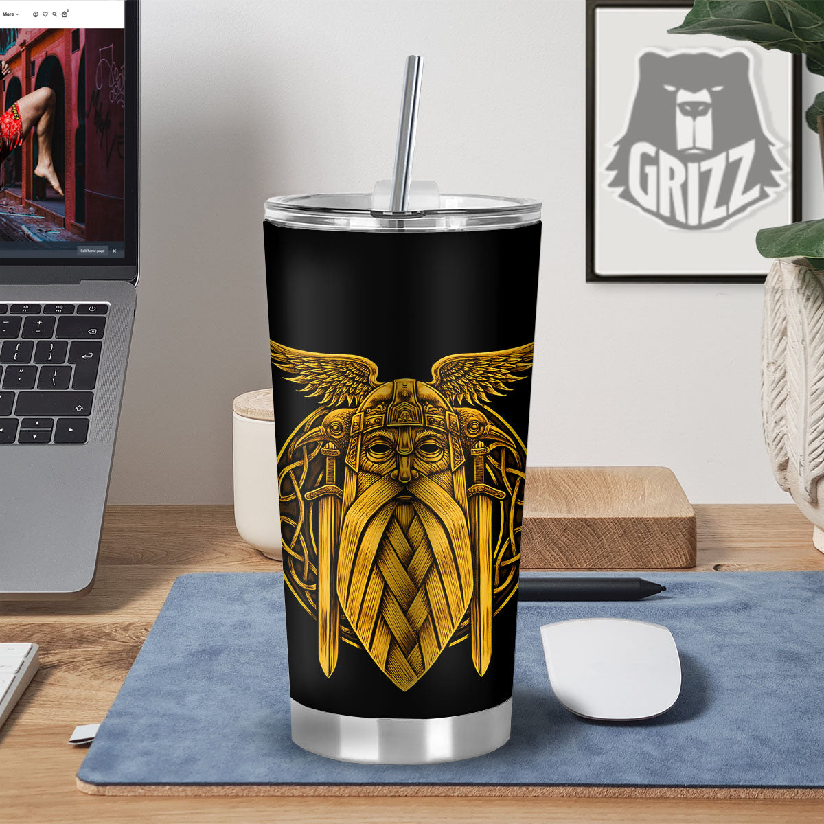 Odin God And Crow Gold Viking Print Tumbler-grizzshop