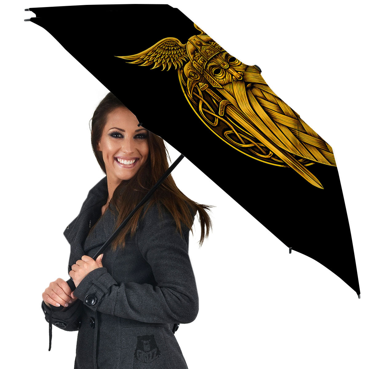 Odin God And Crow Gold Viking Print Umbrella-grizzshop