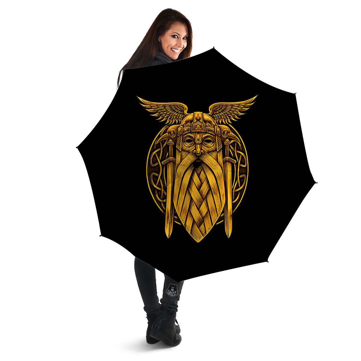 Odin God And Crow Gold Viking Print Umbrella-grizzshop