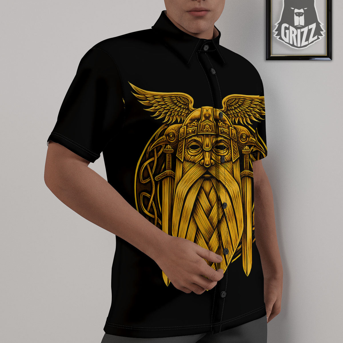 Odin God And Crow Gold Viking Print Untucked Shirts-grizzshop