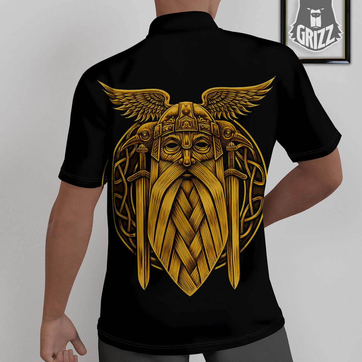 Odin God And Crow Gold Viking Print Untucked Shirts-grizzshop
