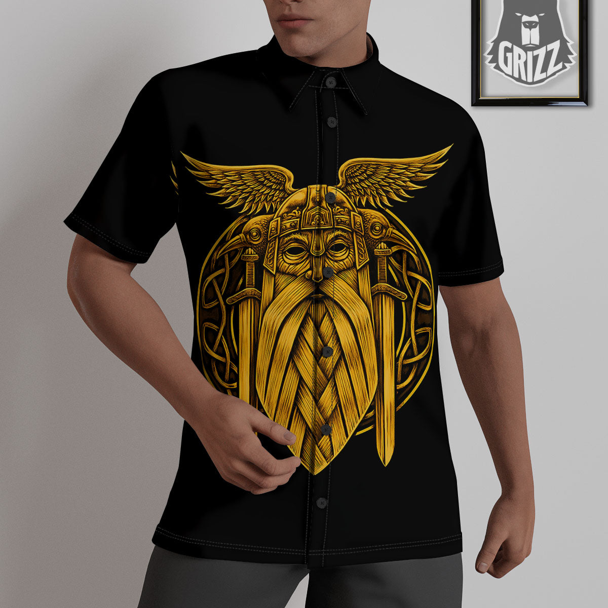 Odin God And Crow Gold Viking Print Untucked Shirts-grizzshop