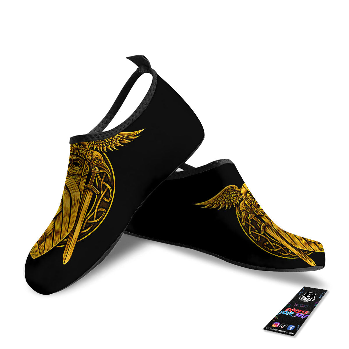 Odin God And Crow Gold Viking Print Water Shoes-grizzshop