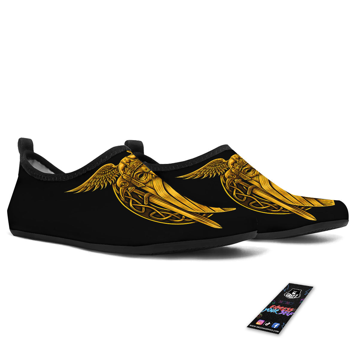 Odin God And Crow Gold Viking Print Water Shoes-grizzshop