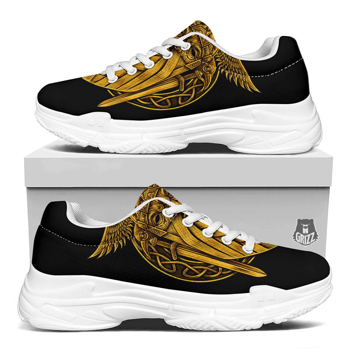 Odin God And Crow Gold Viking Print White Chunky Shoes-grizzshop