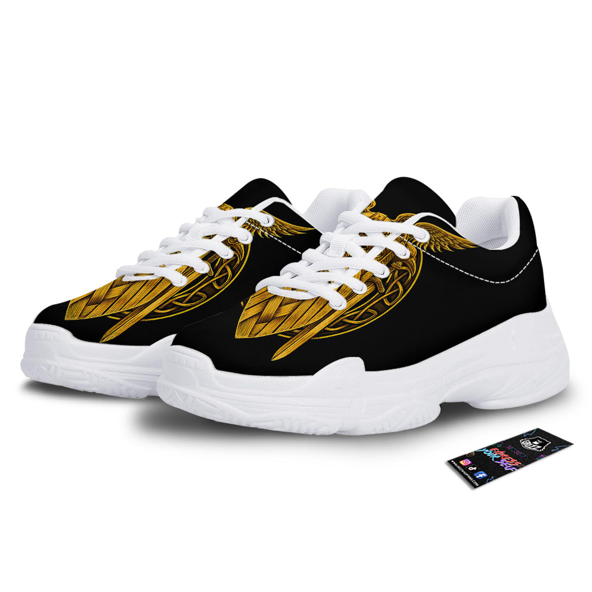 Odin God And Crow Gold Viking Print White Chunky Shoes-grizzshop