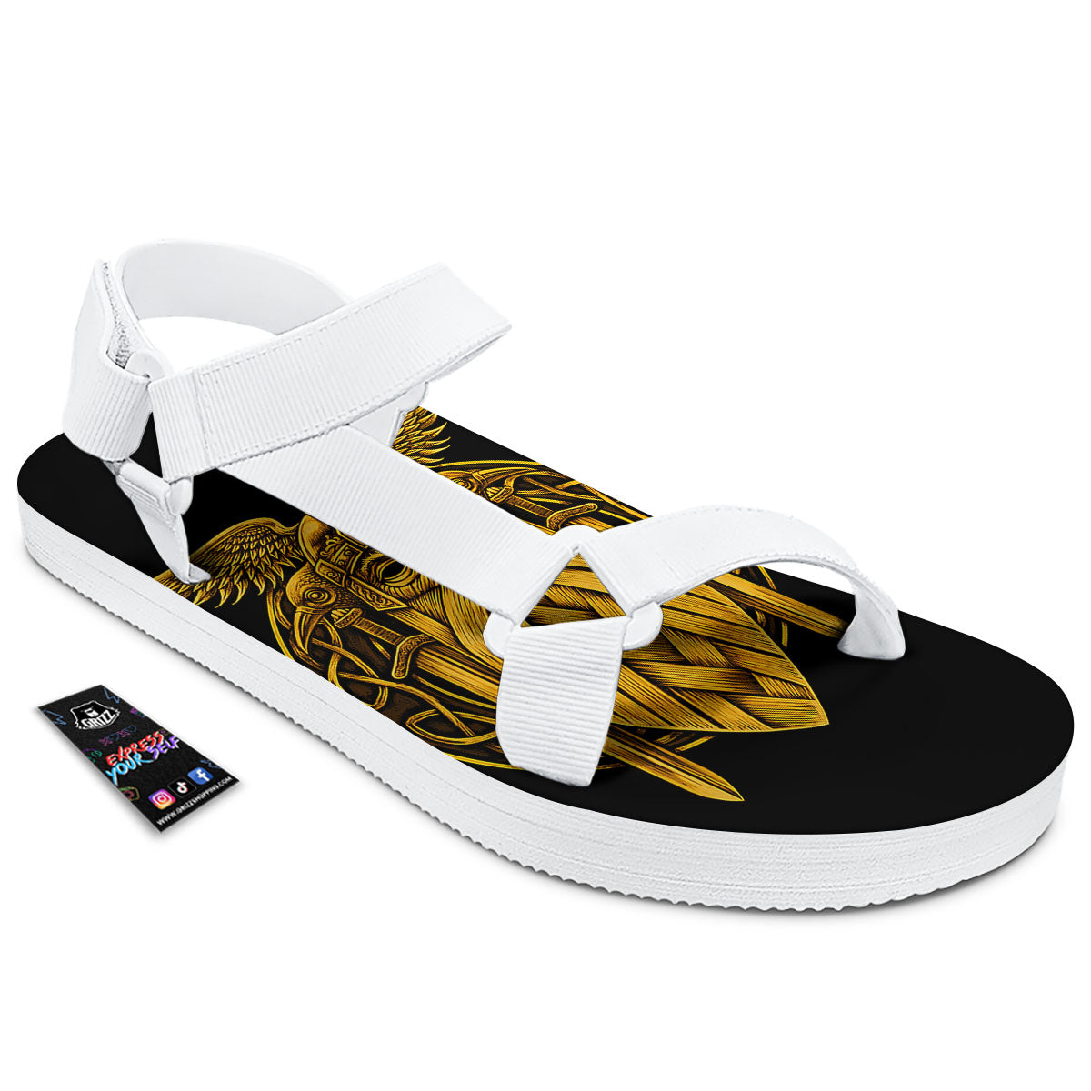 Odin God And Crow Gold Viking Print White Open Toe Sandals-grizzshop