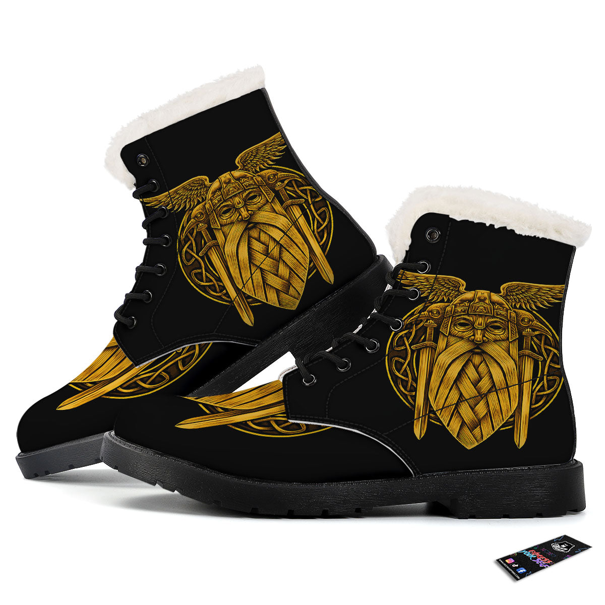 Odin God And Crow Gold Viking Print Winter Boots-grizzshop
