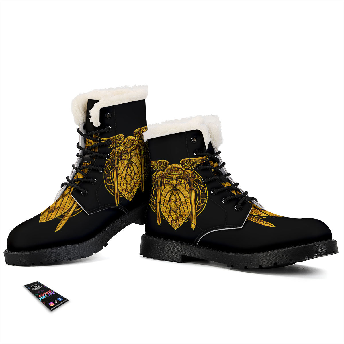 Odin God And Crow Gold Viking Print Winter Boots-grizzshop