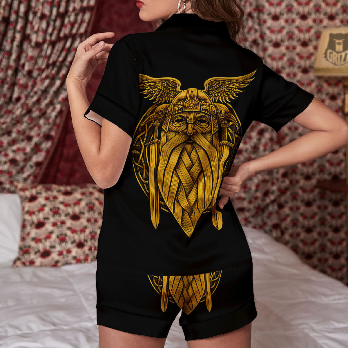 Odin God And Crow Gold Viking Print Women Silk Pajamas-grizzshop