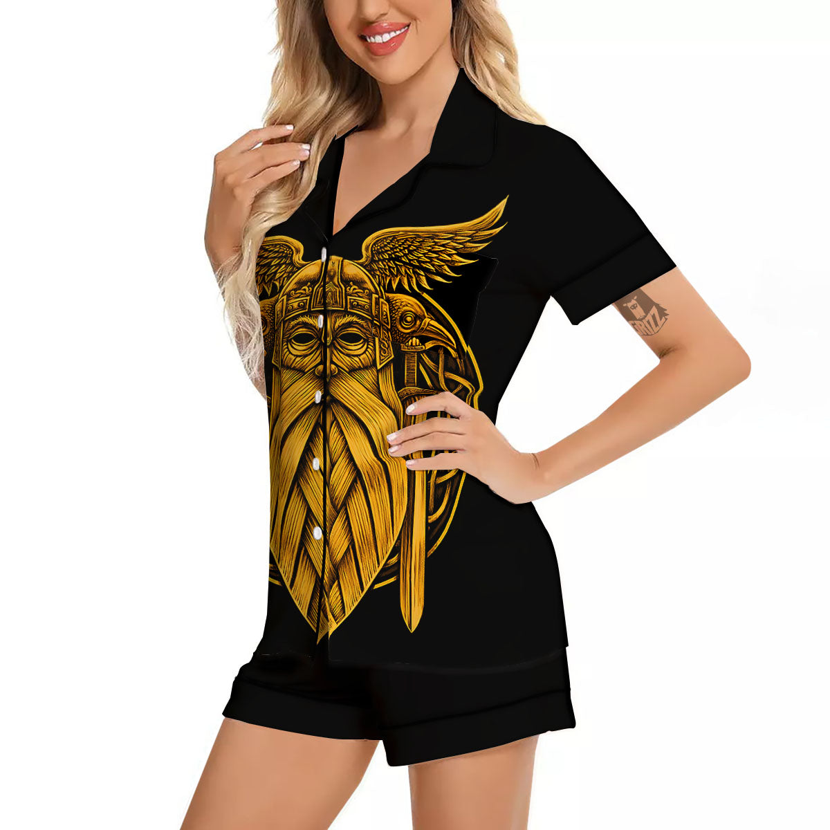 Odin God And Crow Gold Viking Print Women Silk Pajamas-grizzshop