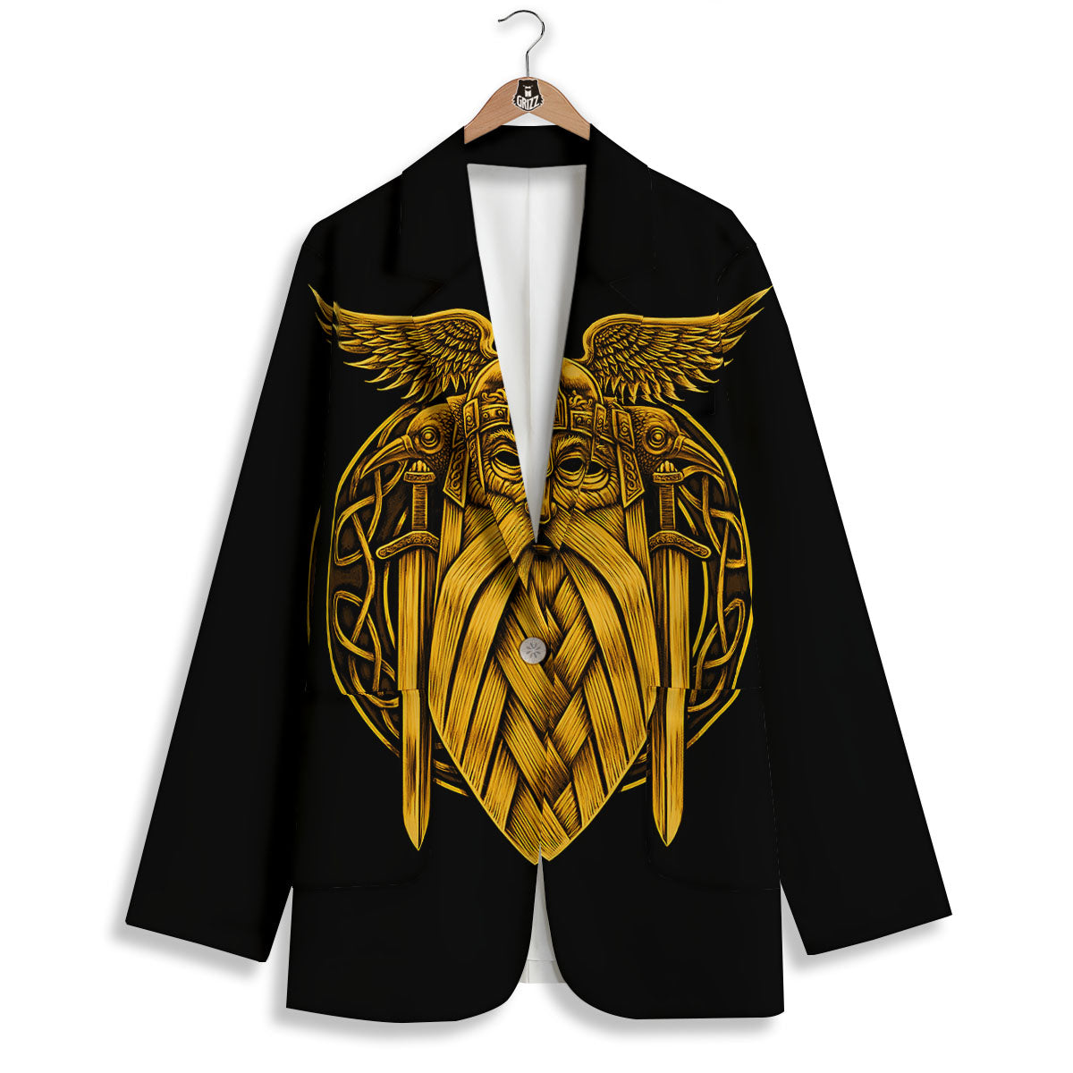 Odin God And Crow Gold Viking Print Women's Blazer-grizzshop