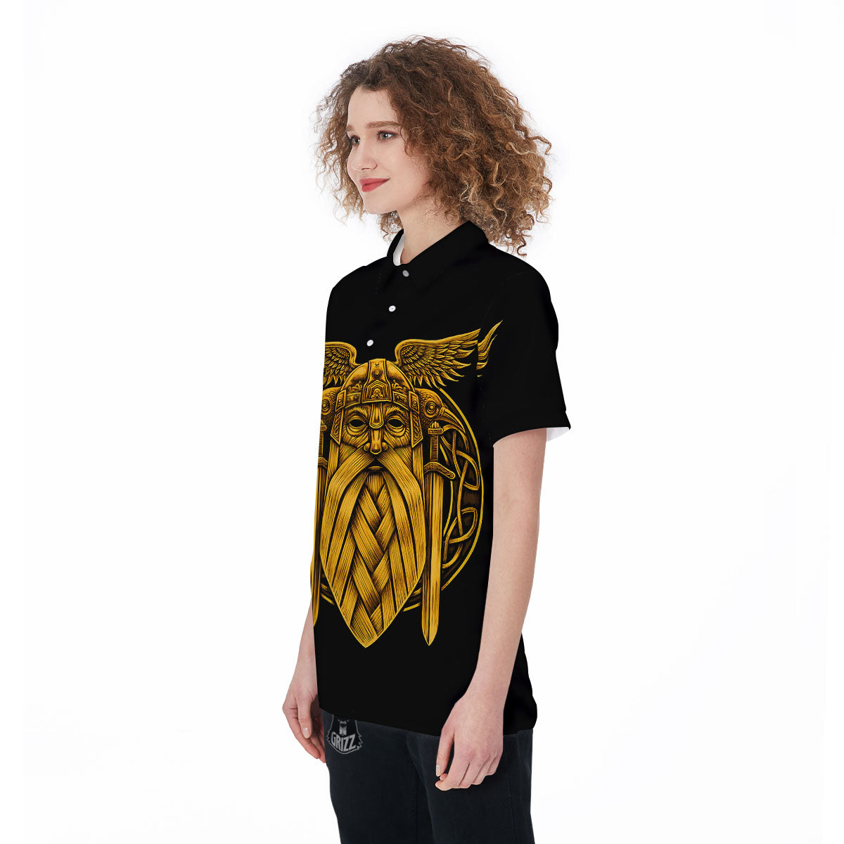 Odin God And Crow Gold Viking Print Women's Golf Shirts-grizzshop