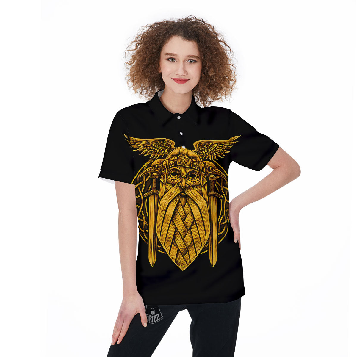 Odin God And Crow Gold Viking Print Women's Golf Shirts-grizzshop
