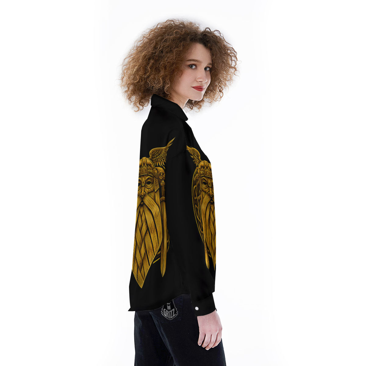 Odin God And Crow Gold Viking Print Women's Long Sleeve Shirts-grizzshop
