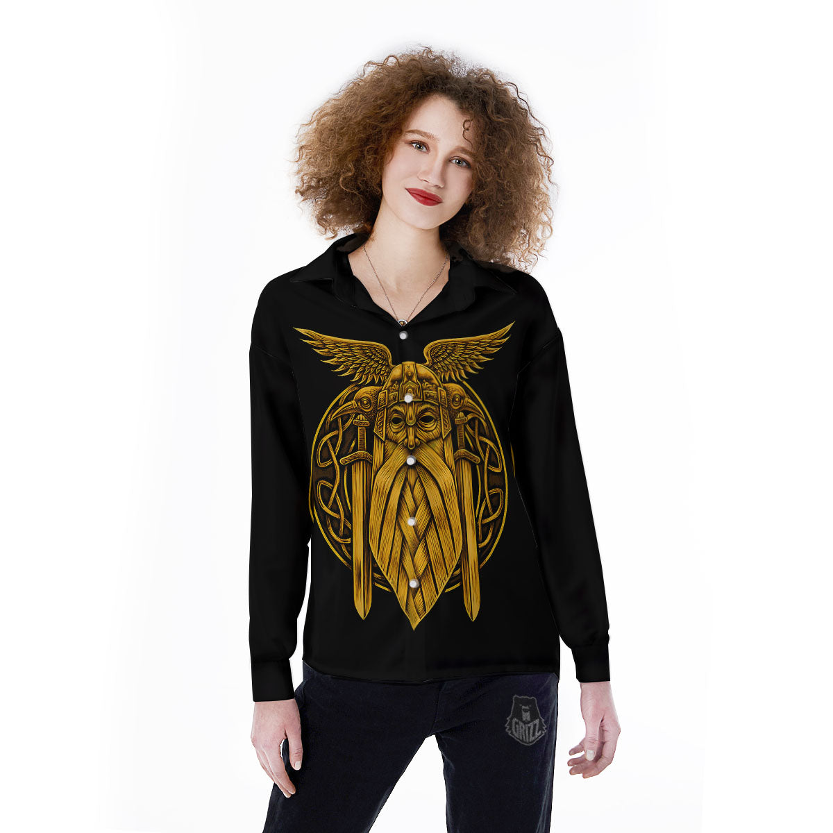 Odin God And Crow Gold Viking Print Women's Long Sleeve Shirts-grizzshop