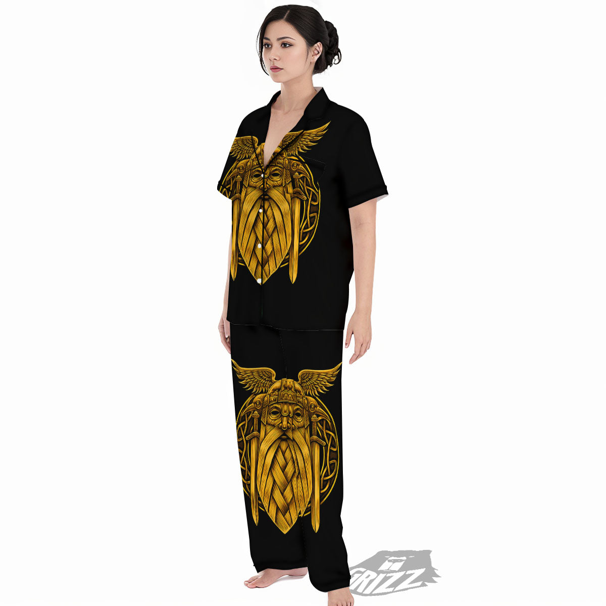 Odin God And Crow Gold Viking Print Women's Pajamas Set-grizzshop