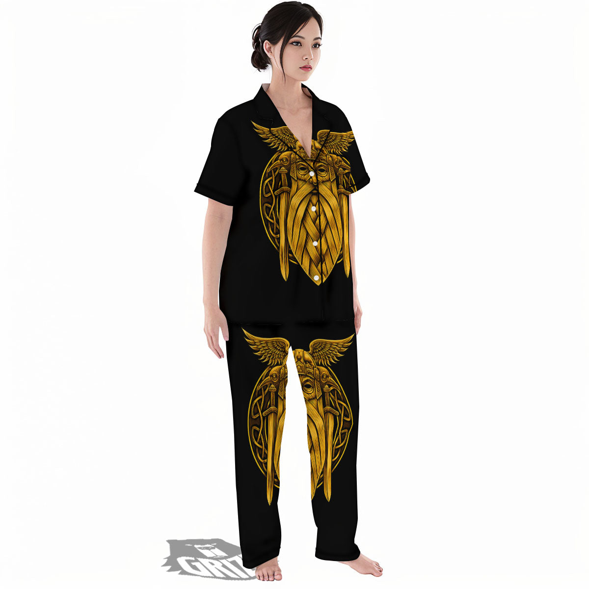 Odin God And Crow Gold Viking Print Women's Pajamas Set-grizzshop