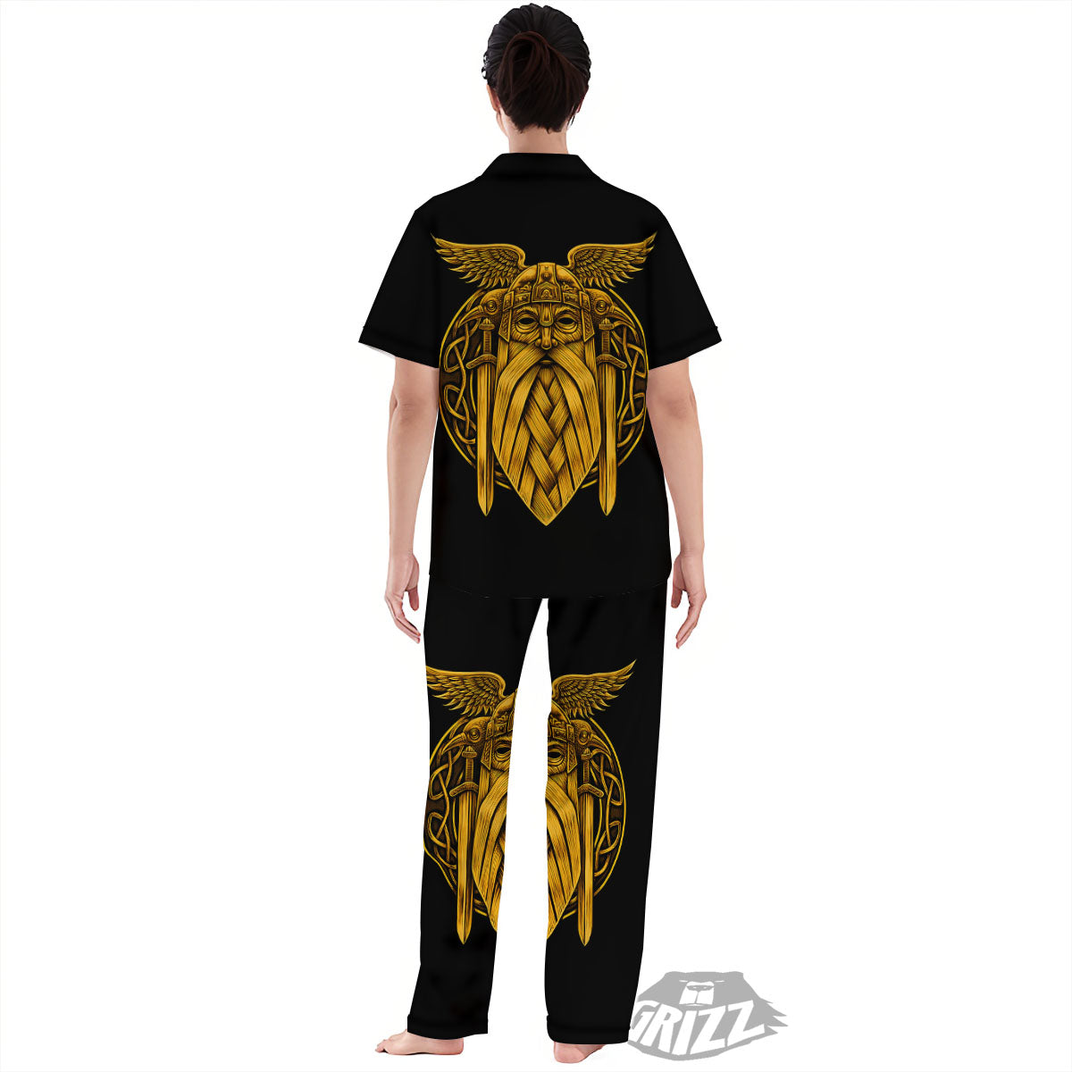Odin God And Crow Gold Viking Print Women's Pajamas Set-grizzshop