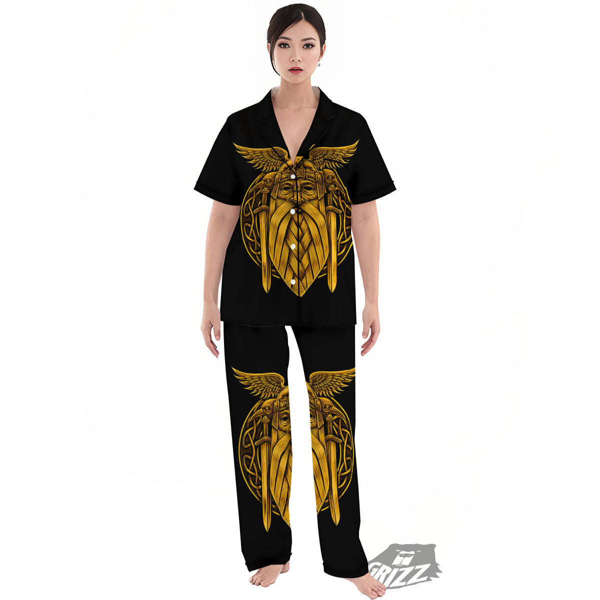 Odin God And Crow Gold Viking Print Women's Pajamas Set-grizzshop